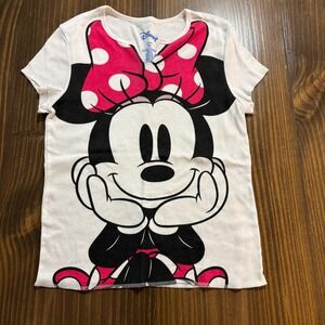 DISNEY Girls Medium 7 9 Minnie Mouse T Shirt Cream Pink Bow Graphic Cotton Tee